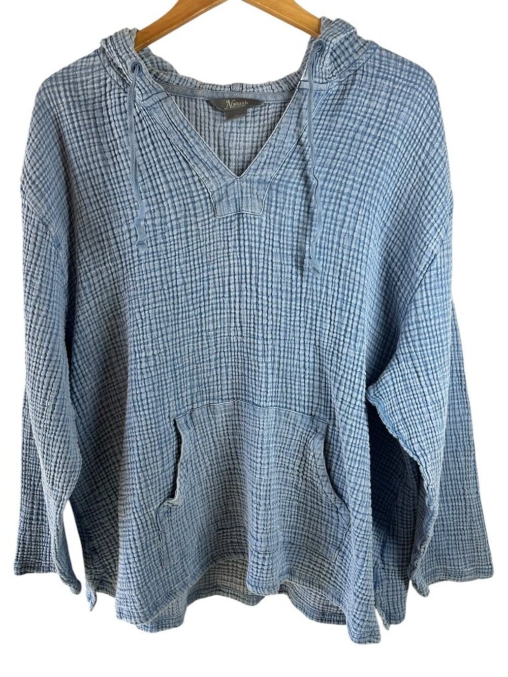 Natural Reflections Waffle Knit Hooded Pullover Top Blue Cotton 2X Oversized - Picture 2 of 5